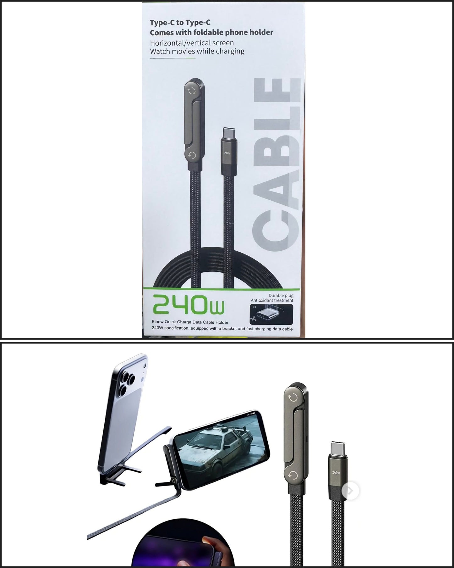 CABLE C-C 240W.  WHITH FOLDABLE PHONE HOLDER. ————— $8.99