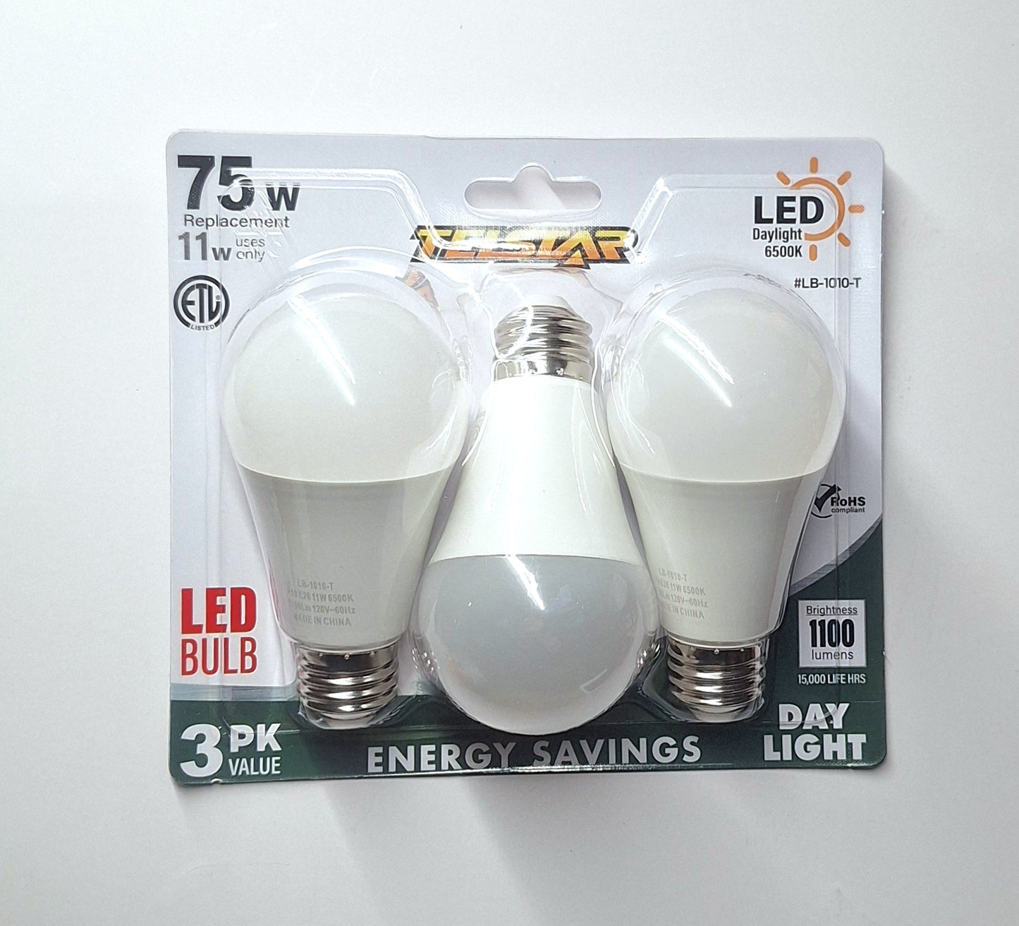LED BULB DAY LIGHT.  75w  3pk VALUE. ————— $7.99