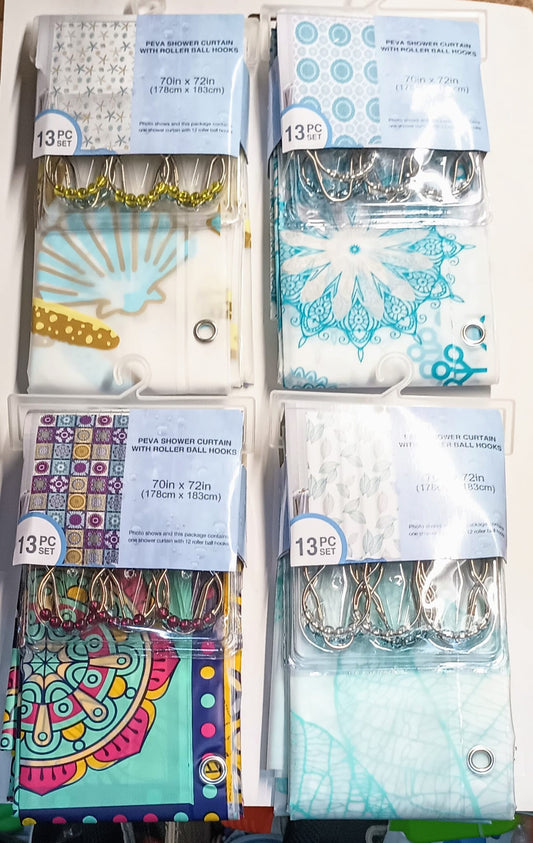 PEVA SHOWER CURTAIN WTIH ROLLER BALL.————— $8.99